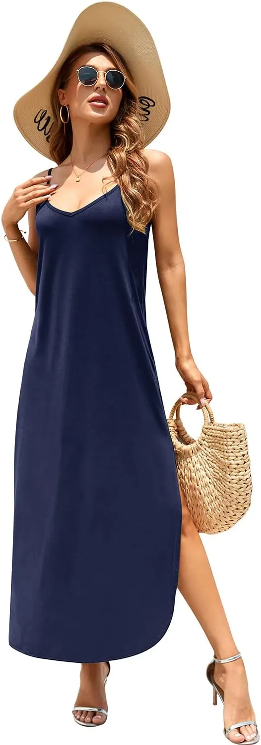 HUSKARY Women's Summer Casual Sleeveless V Neck Strappy Split Loose Dress Beach Cover Up Long Cami Maxi Dresses with Pocket