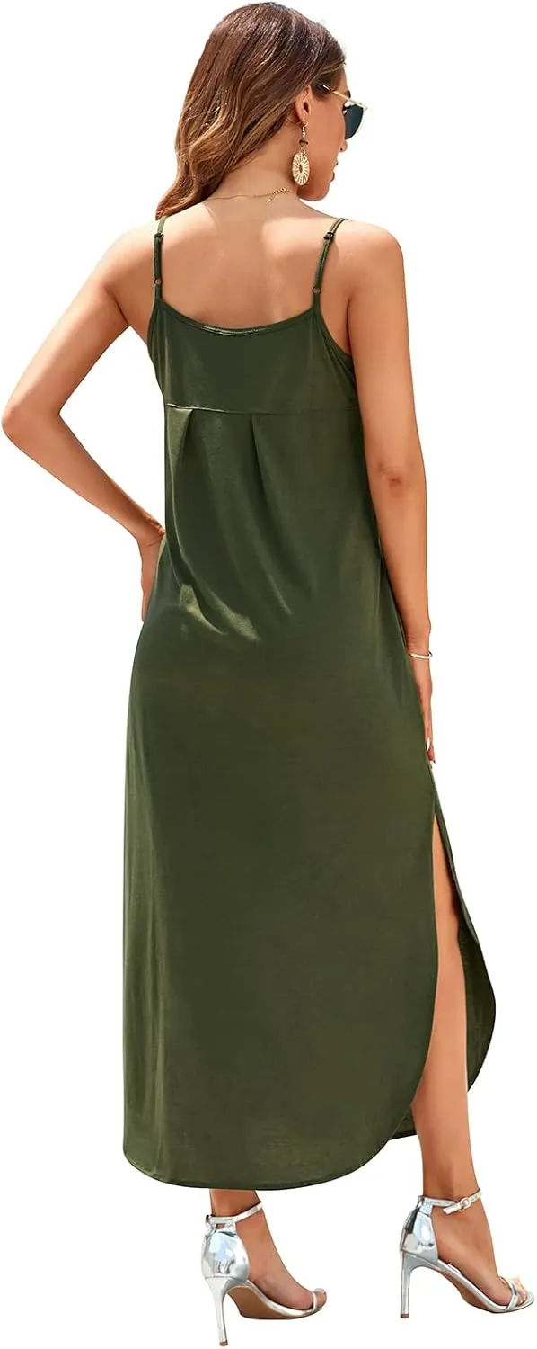 HUSKARY Women's Summer Casual Sleeveless V Neck Strappy Split Loose Dress Beach Cover Up Long Cami Maxi Dresses with Pocket