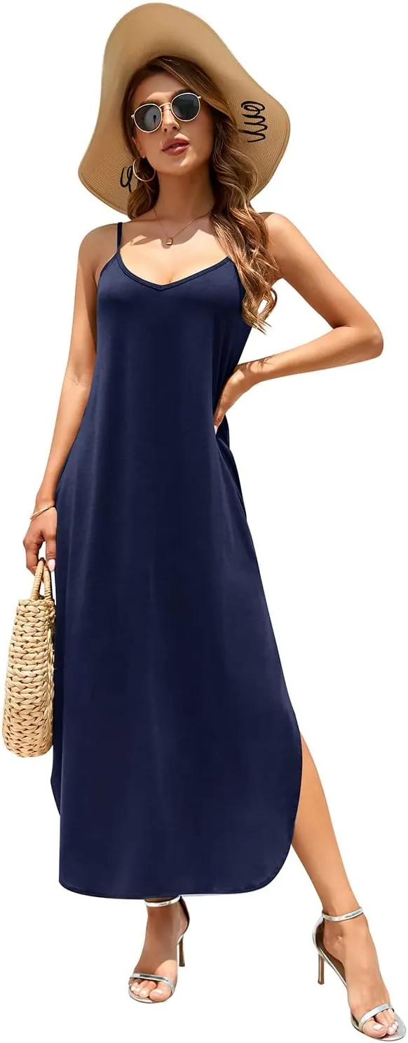 HUSKARY Women's Summer Casual Sleeveless V Neck Strappy Split Loose Dress Beach Cover Up Long Cami Maxi Dresses with Pocket
