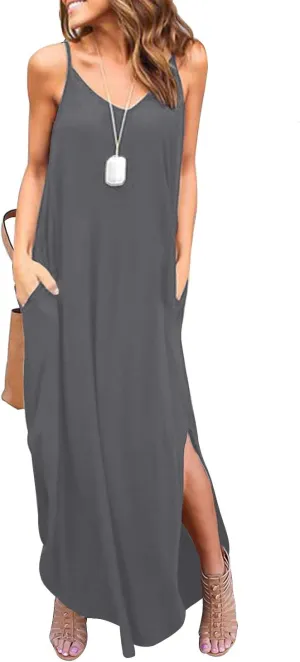 HUSKARY Women's Summer Casual Sleeveless V Neck Strappy Split Loose Dress Beach Cover Up Long Cami Maxi Dresses with Pocket