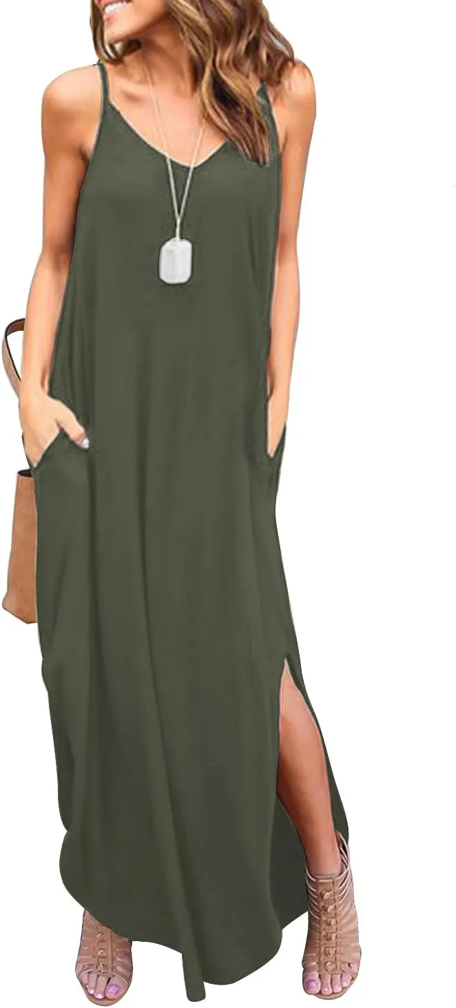 HUSKARY Women's Summer Casual Sleeveless V Neck Strappy Split Loose Dress Beach Cover Up Long Cami Maxi Dresses with Pocket