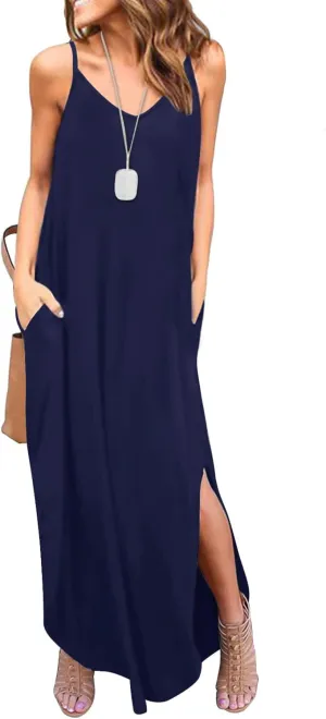 HUSKARY Women's Summer Casual Sleeveless V Neck Strappy Split Loose Dress Beach Cover Up Long Cami Maxi Dresses with Pocket