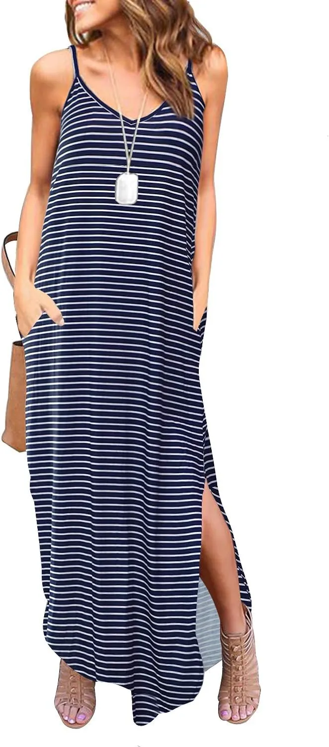 HUSKARY Women's Summer Casual Sleeveless V Neck Strappy Split Loose Dress Beach Cover Up Long Cami Maxi Dresses with Pocket