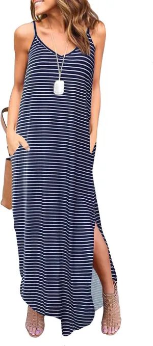 HUSKARY Women's Summer Casual Sleeveless V Neck Strappy Split Loose Dress Beach Cover Up Long Cami Maxi Dresses with Pocket