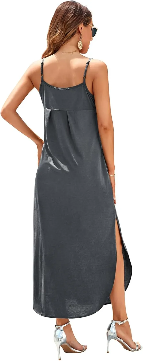 HUSKARY Women's Summer Casual Sleeveless V Neck Strappy Split Loose Dress Beach Cover Up Long Cami Maxi Dresses with Pocket