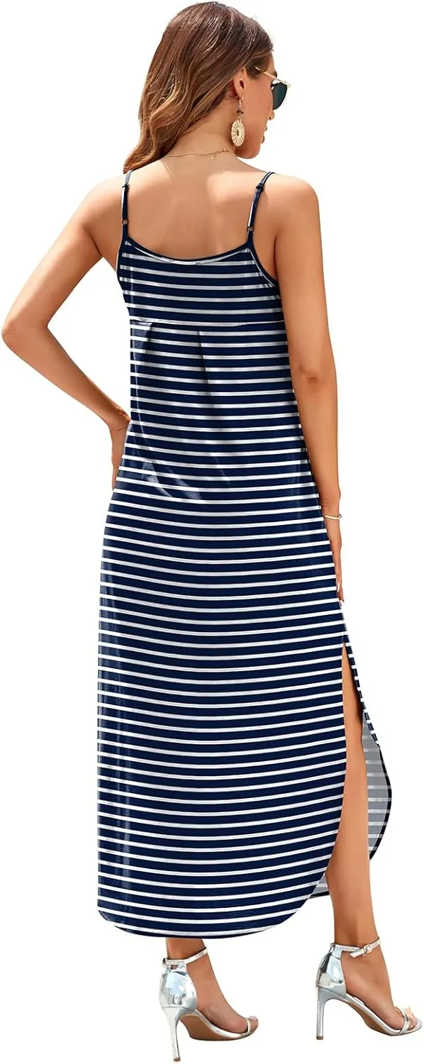 HUSKARY Women's Summer Casual Sleeveless V Neck Strappy Split Loose Dress Beach Cover Up Long Cami Maxi Dresses with Pocket