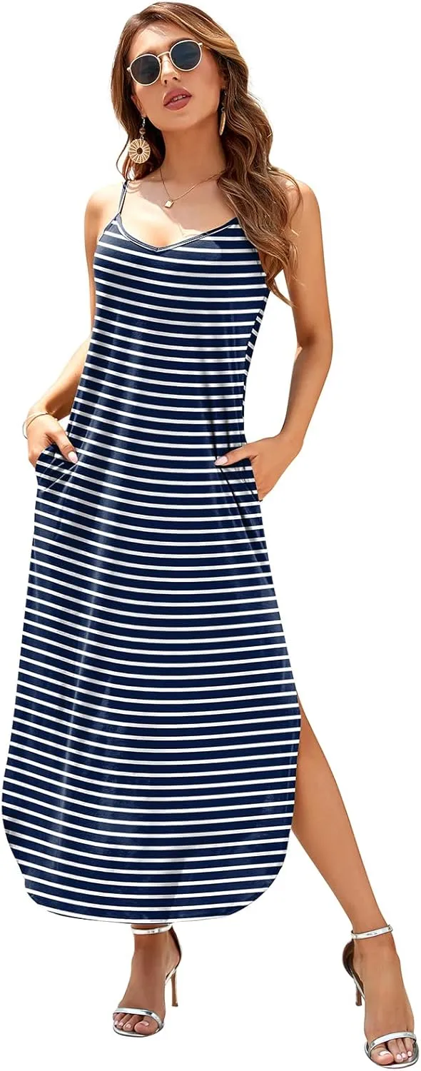HUSKARY Women's Summer Casual Sleeveless V Neck Strappy Split Loose Dress Beach Cover Up Long Cami Maxi Dresses with Pocket