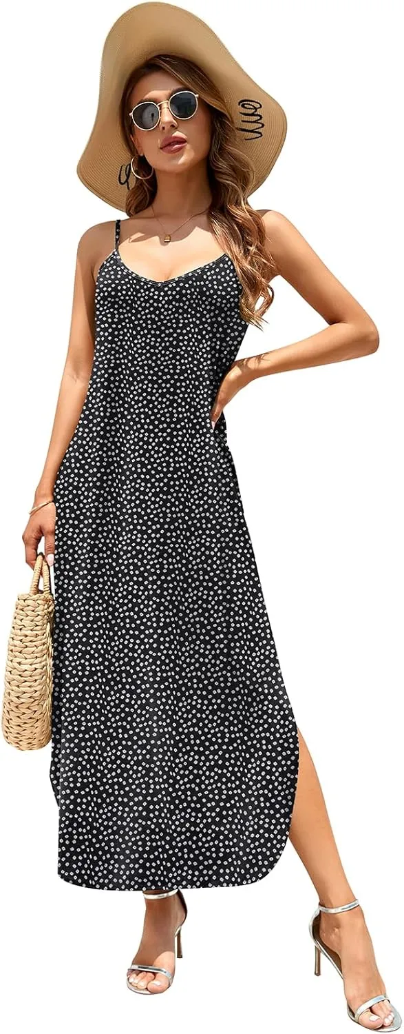 HUSKARY Women's Summer Casual Sleeveless V Neck Strappy Split Loose Dress Beach Cover Up Long Cami Maxi Dresses with Pocket