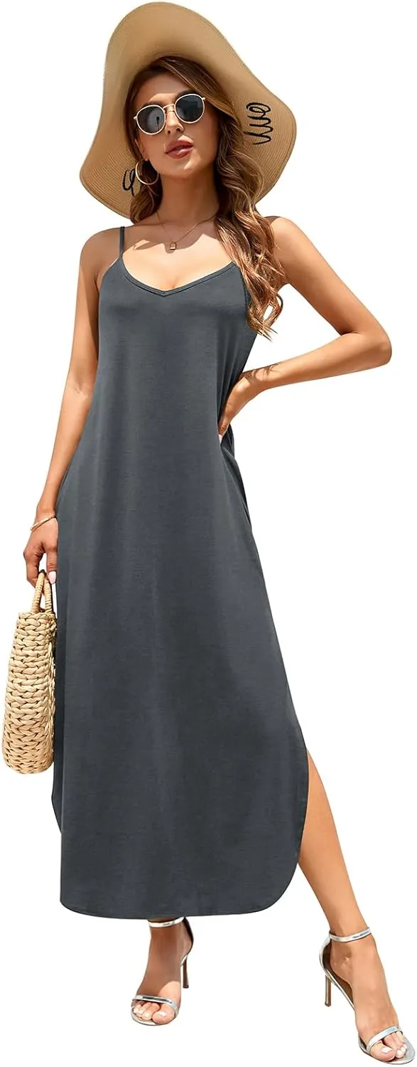 HUSKARY Women's Summer Casual Sleeveless V Neck Strappy Split Loose Dress Beach Cover Up Long Cami Maxi Dresses with Pocket