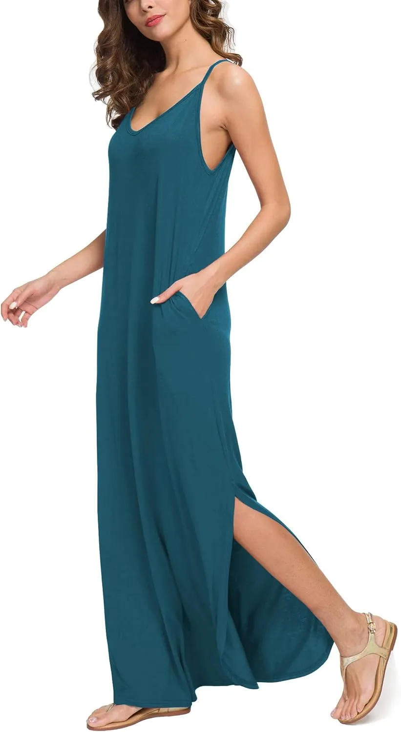 HUSKARY Women's Summer Casual Sleeveless V Neck Strappy Split Loose Dress Beach Cover Up Long Cami Maxi Dresses with Pocket