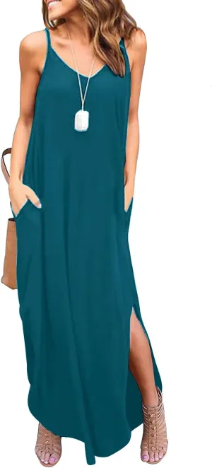 HUSKARY Women's Summer Casual Sleeveless V Neck Strappy Split Loose Dress Beach Cover Up Long Cami Maxi Dresses with Pocket