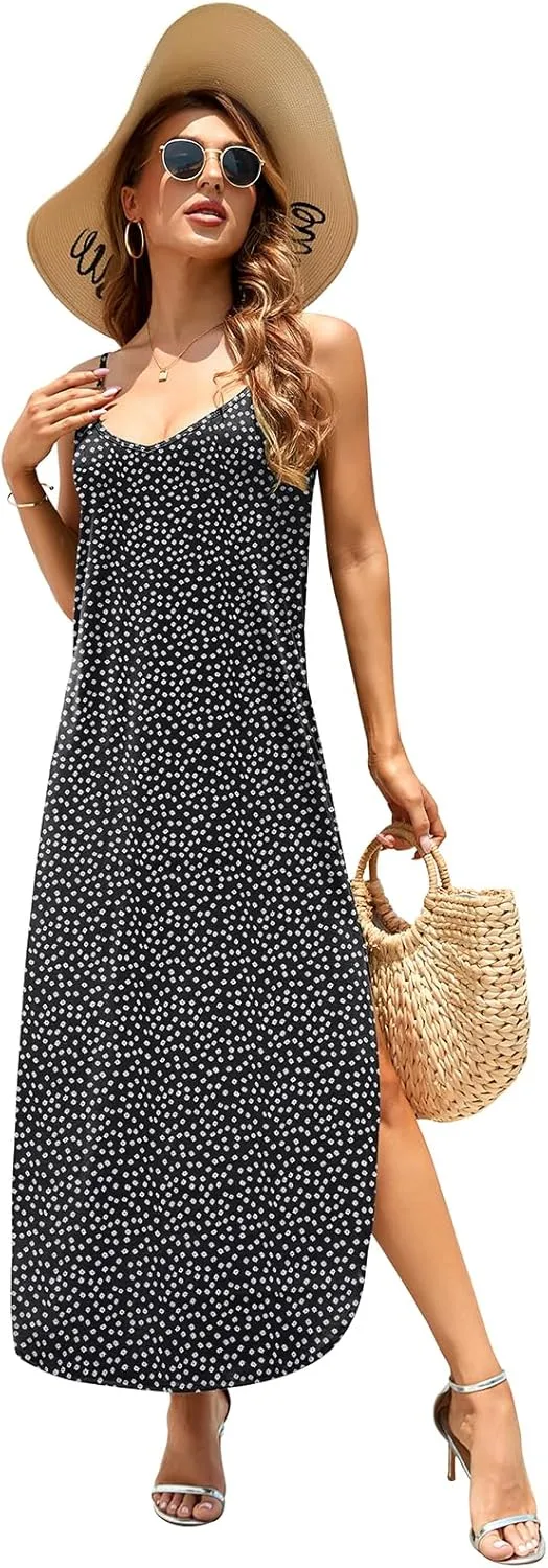 HUSKARY Women's Summer Casual Sleeveless V Neck Strappy Split Loose Dress Beach Cover Up Long Cami Maxi Dresses with Pocket