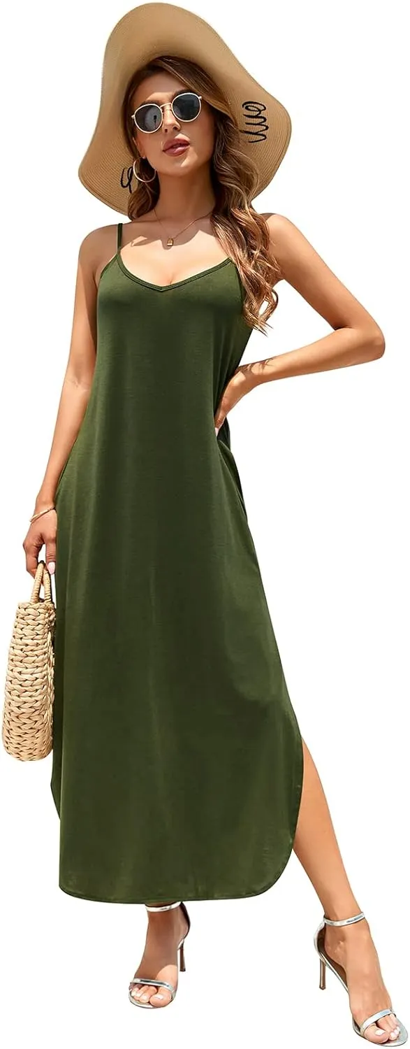 HUSKARY Women's Summer Casual Sleeveless V Neck Strappy Split Loose Dress Beach Cover Up Long Cami Maxi Dresses with Pocket