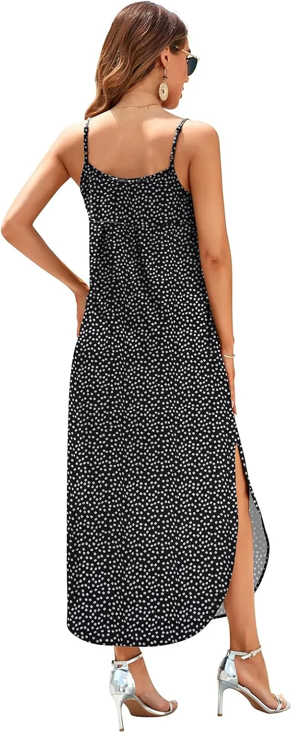 HUSKARY Women's Summer Casual Sleeveless V Neck Strappy Split Loose Dress Beach Cover Up Long Cami Maxi Dresses with Pocket