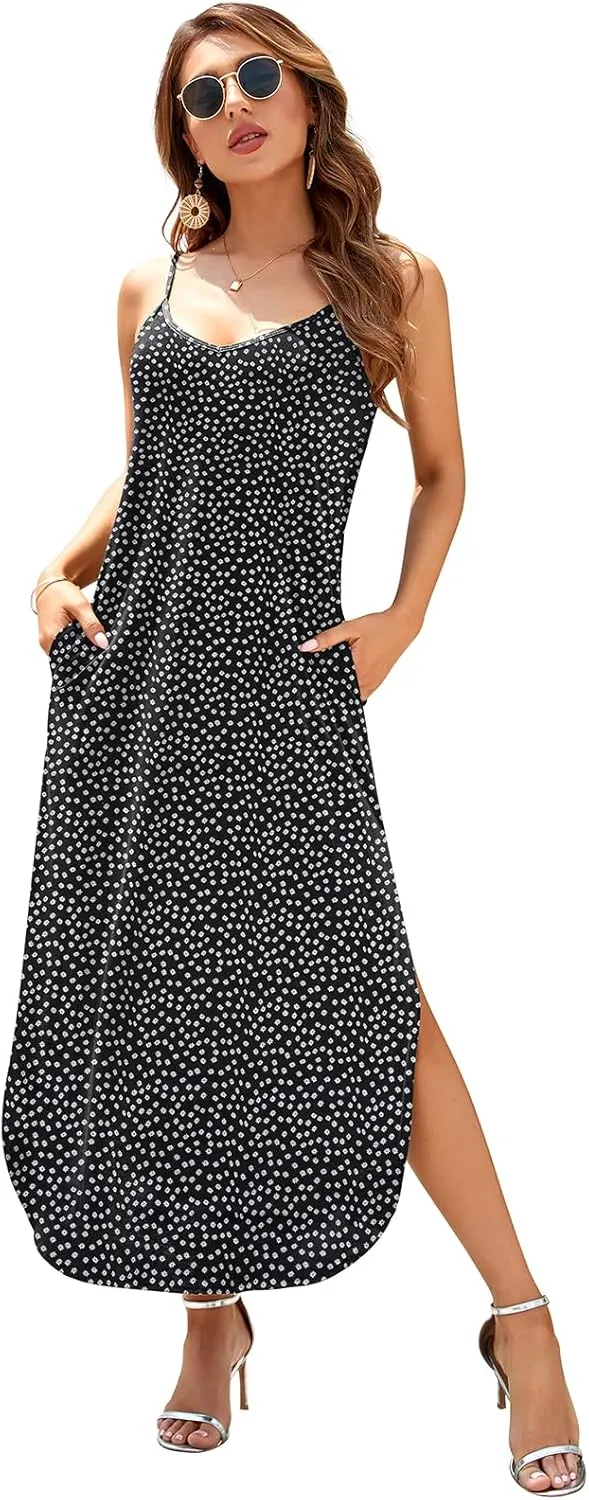 HUSKARY Women's Summer Casual Sleeveless V Neck Strappy Split Loose Dress Beach Cover Up Long Cami Maxi Dresses with Pocket