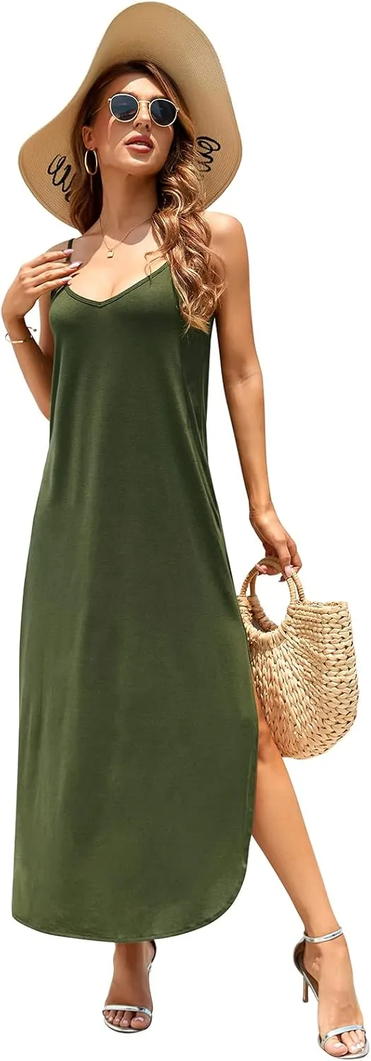 HUSKARY Women's Summer Casual Sleeveless V Neck Strappy Split Loose Dress Beach Cover Up Long Cami Maxi Dresses with Pocket