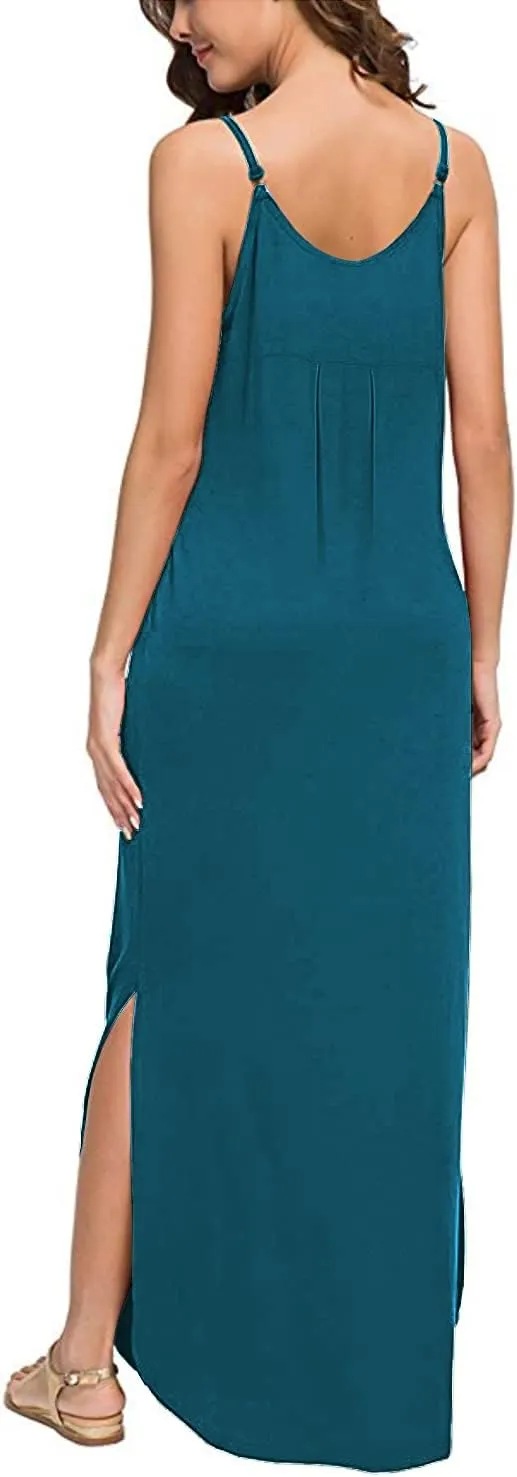 HUSKARY Women's Summer Casual Sleeveless V Neck Strappy Split Loose Dress Beach Cover Up Long Cami Maxi Dresses with Pocket