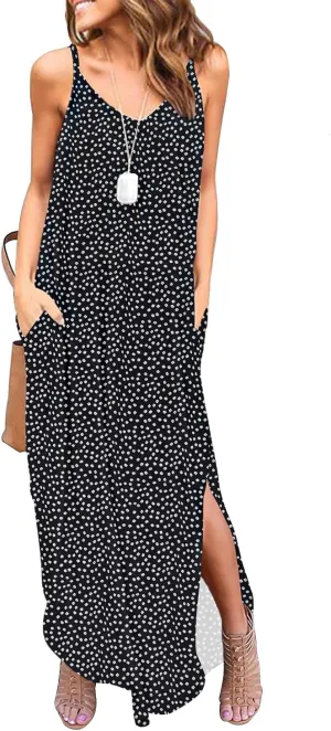 HUSKARY Women's Summer Casual Sleeveless V Neck Strappy Split Loose Dress Beach Cover Up Long Cami Maxi Dresses with Pocket