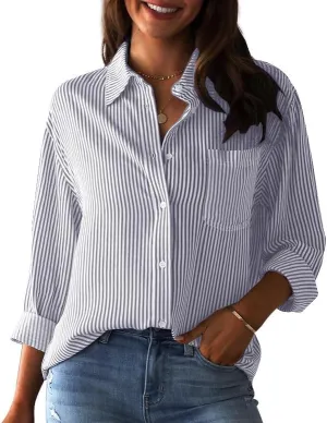 IBAOTORONI Women's Striped Button Down Shirts: Long Sleeve Office Casual Business Blouses with Pocket