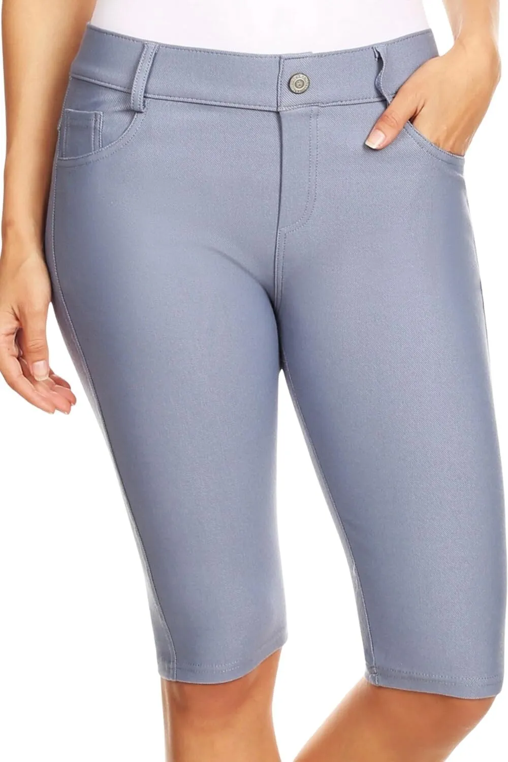 ICONOFLASH Women's Cotton 5 Pocket Bermuda Shorts No Muffin Top Pull On Knee Length Jeggings Stretchy Jean Leggings
