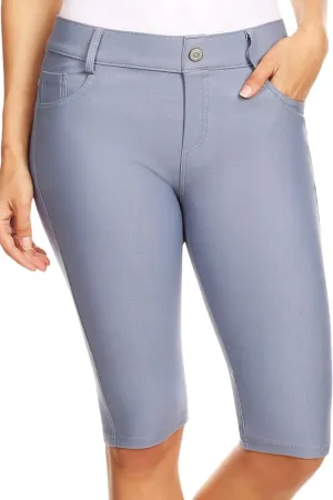 ICONOFLASH Women's Cotton 5 Pocket Bermuda Shorts No Muffin Top Pull On Knee Length Jeggings Stretchy Jean Leggings