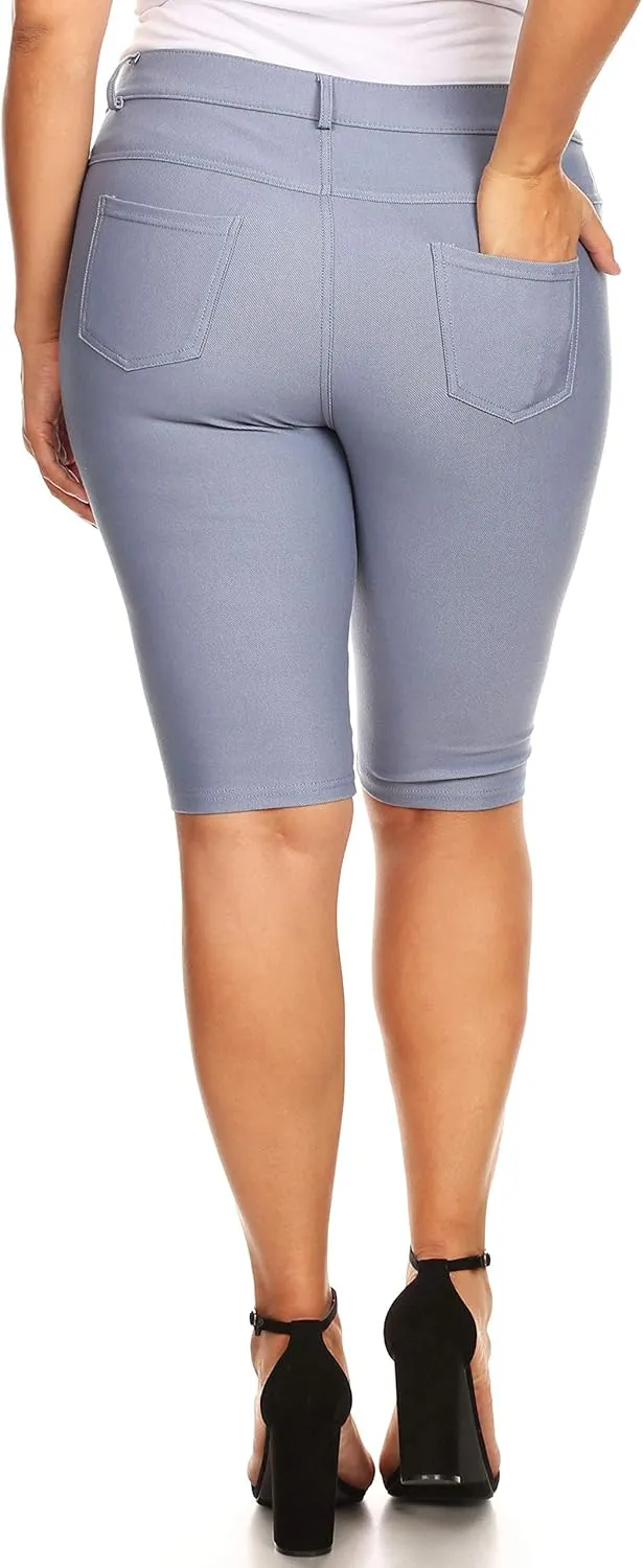 ICONOFLASH Women's Cotton 5 Pocket Bermuda Shorts No Muffin Top Pull On Knee Length Jeggings Stretchy Jean Leggings