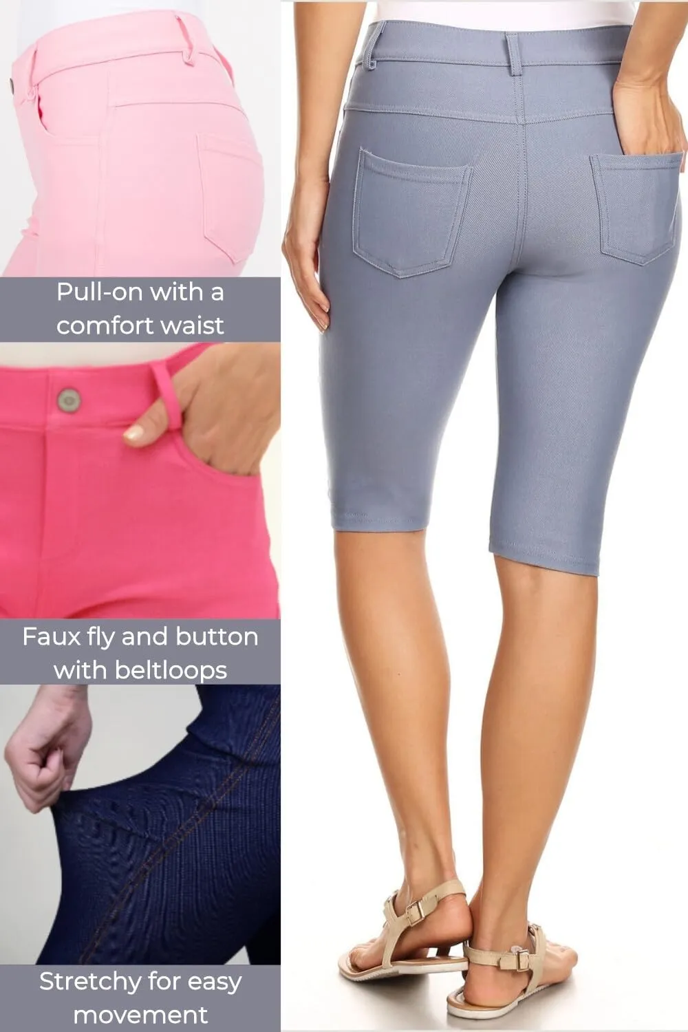 ICONOFLASH Women's Cotton 5 Pocket Bermuda Shorts No Muffin Top Pull On Knee Length Jeggings Stretchy Jean Leggings