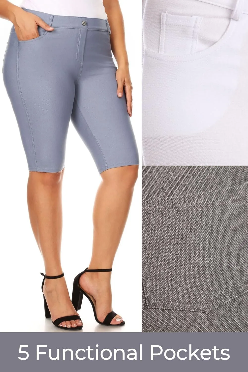 ICONOFLASH Women's Cotton 5 Pocket Bermuda Shorts No Muffin Top Pull On Knee Length Jeggings Stretchy Jean Leggings