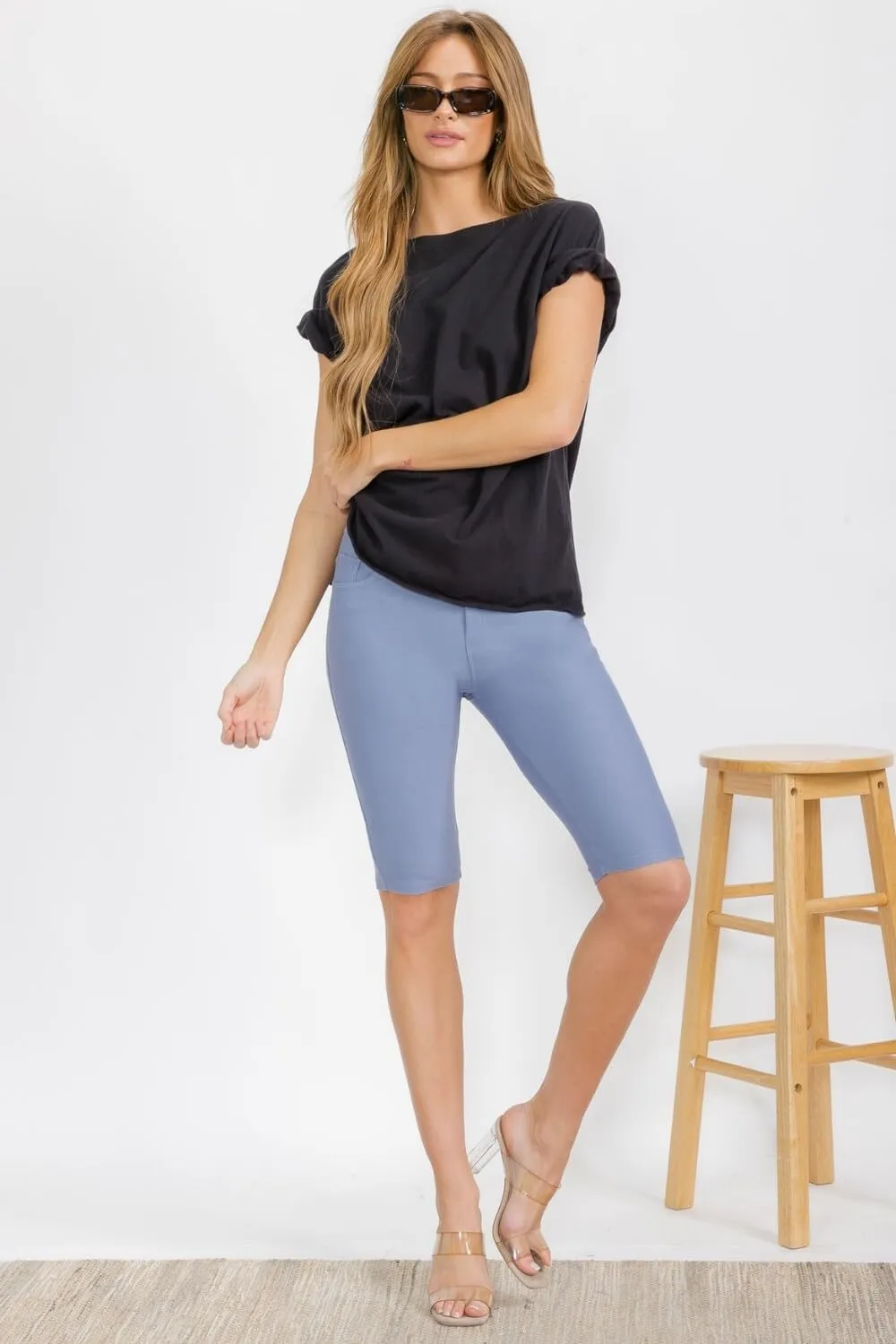 ICONOFLASH Women's Cotton 5 Pocket Bermuda Shorts No Muffin Top Pull On Knee Length Jeggings Stretchy Jean Leggings