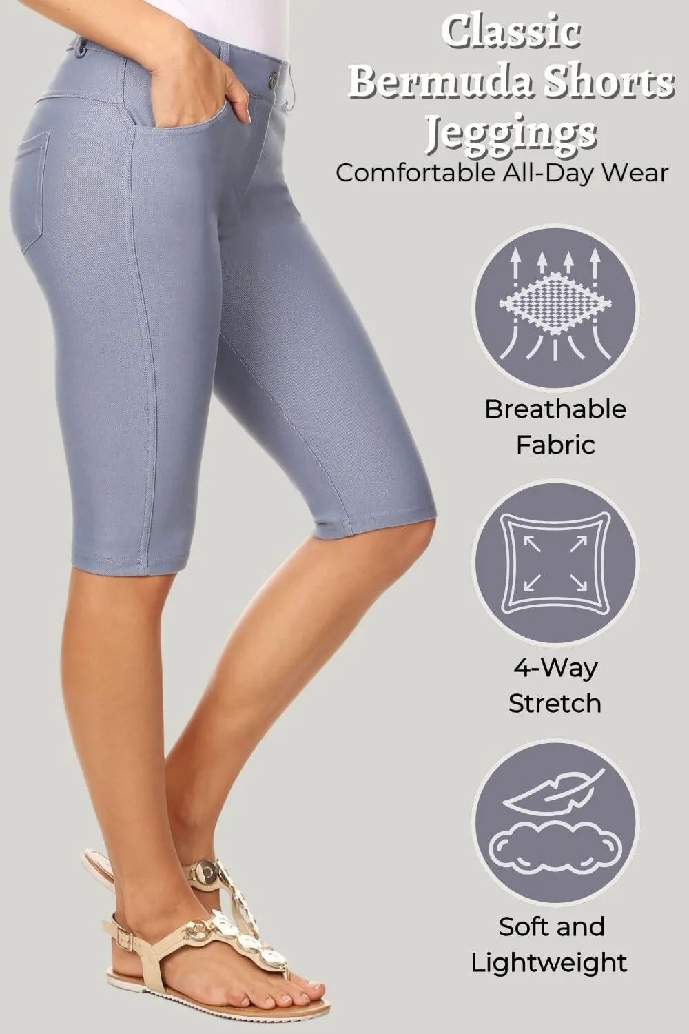 ICONOFLASH Women's Cotton 5 Pocket Bermuda Shorts No Muffin Top Pull On Knee Length Jeggings Stretchy Jean Leggings