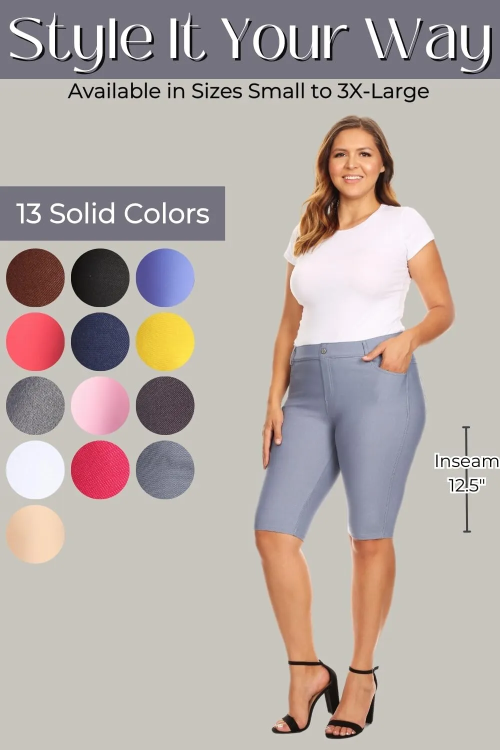 ICONOFLASH Women's Cotton 5 Pocket Bermuda Shorts No Muffin Top Pull On Knee Length Jeggings Stretchy Jean Leggings