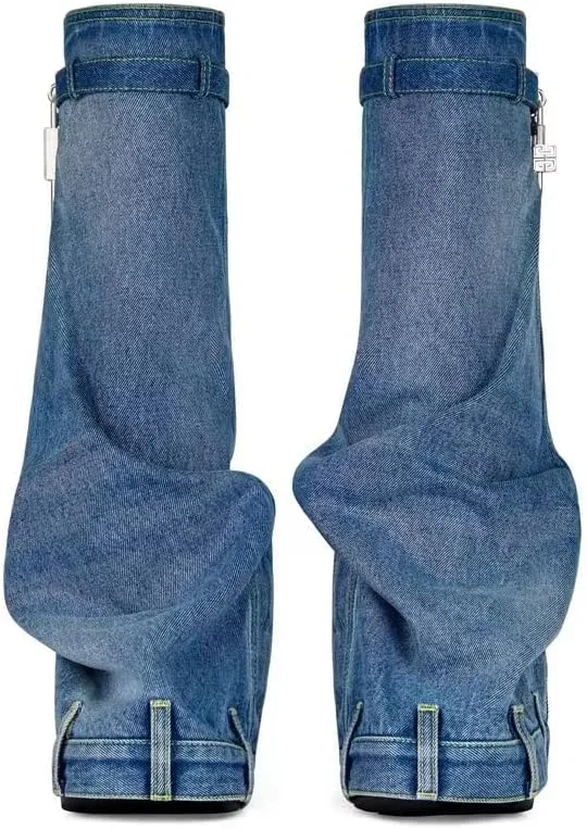 IMPREMEY Women's Fold Over Knee High Boots Platform Heel Padlock Boot with Zipper Denim Jeans Biker Shoes