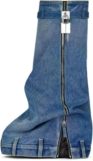 IMPREMEY Women's Fold Over Knee High Boots Platform Heel Padlock Boot with Zipper Denim Jeans Biker Shoes