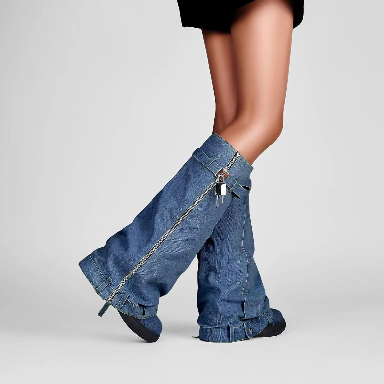 IMPREMEY Women's Fold Over Knee High Boots Platform Heel Padlock Boot with Zipper Denim Jeans Biker Shoes