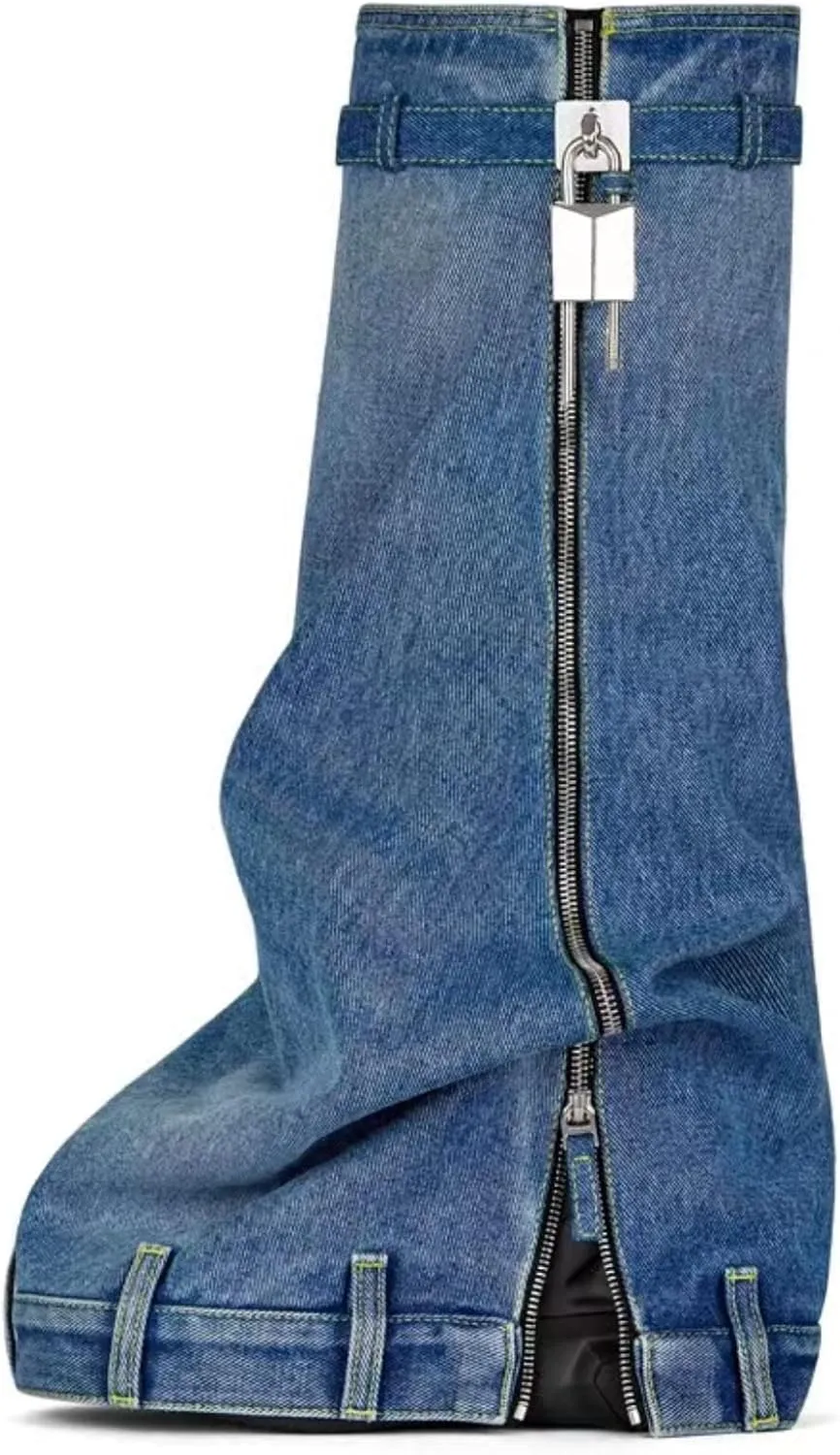 IMPREMEY Women's Fold Over Knee High Boots Platform Heel Padlock Boot with Zipper Denim Jeans Biker Shoes