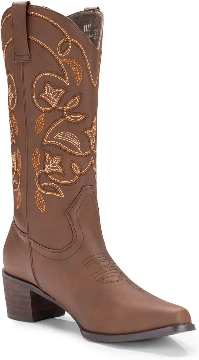 IUV Cowboy Boots For Women Pointy Toe Women's Western Boots Cowgirl Boots Mid Calf Boots