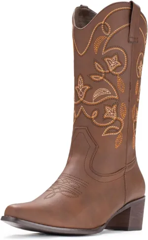 IUV Cowboy Boots For Women Pointy Toe Women's Western Boots Cowgirl Boots Mid Calf Boots