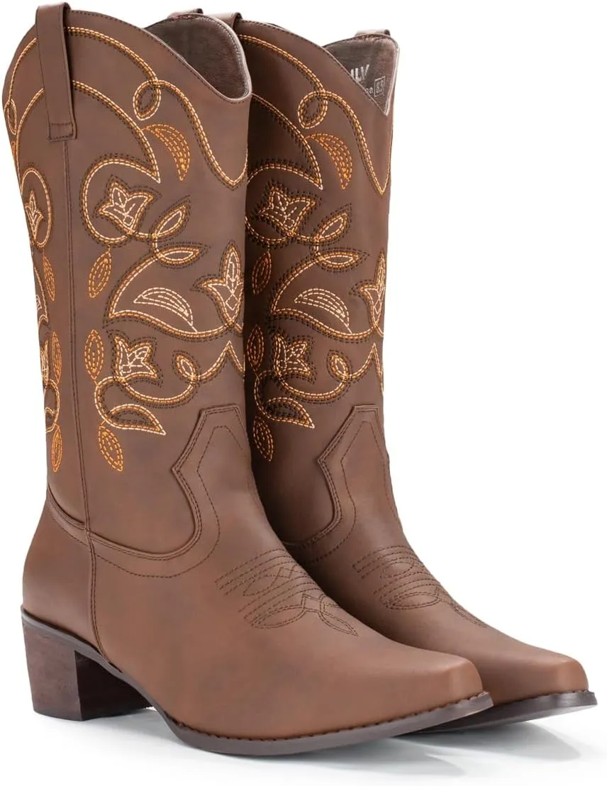 IUV Cowboy Boots For Women Pointy Toe Women's Western Boots Cowgirl Boots Mid Calf Boots