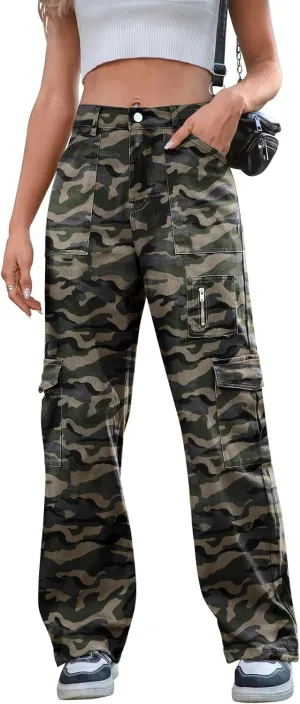 IVIR Cargo Pants Women High Waist Wide Leg Casual Pants with 7 Pockets Stretchy Drawstring Baggy Y2K Trousers
