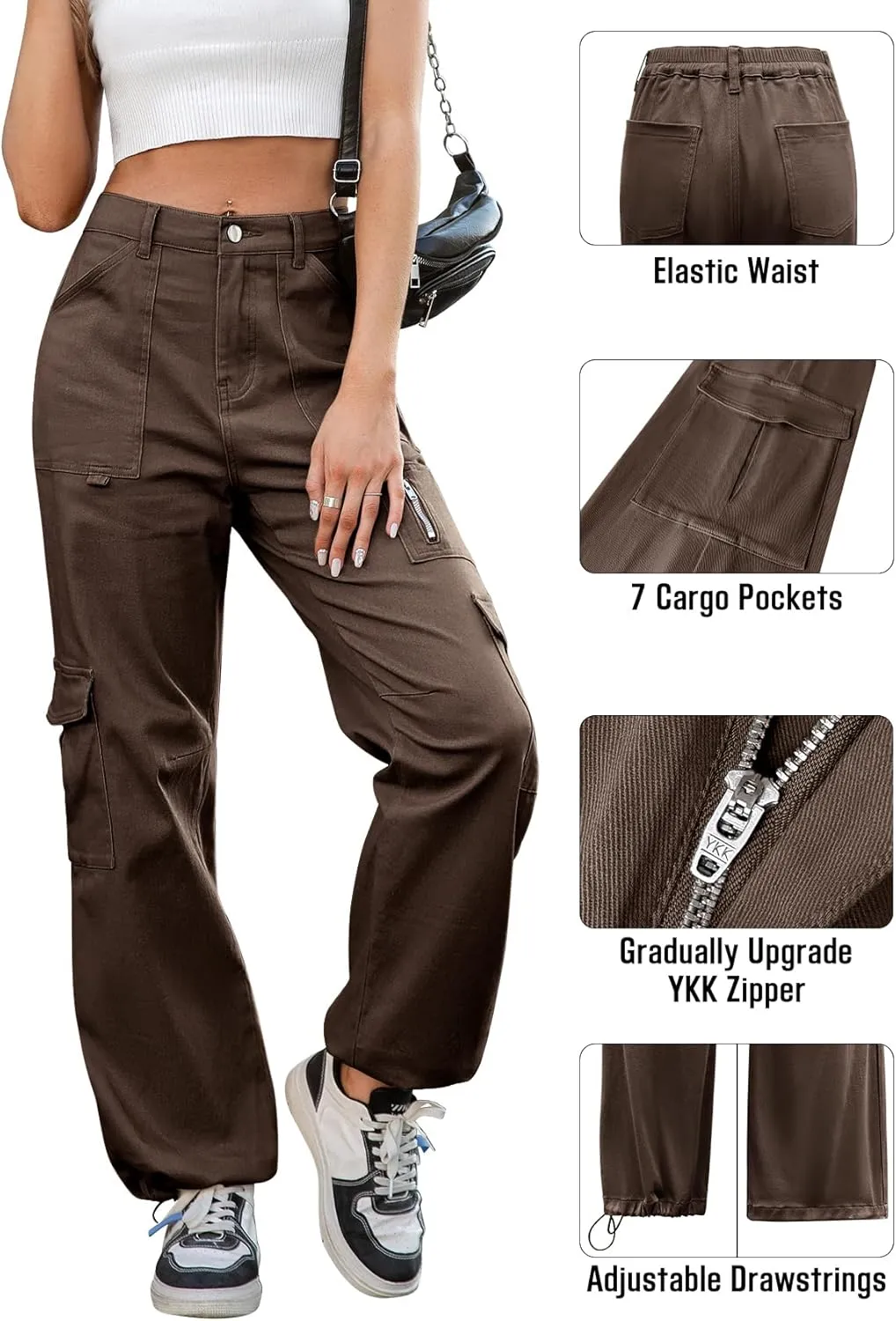 IVIR Cargo Pants Women High Waist Wide Leg Casual Pants with 7 Pockets Stretchy Drawstring Baggy Y2K Trousers