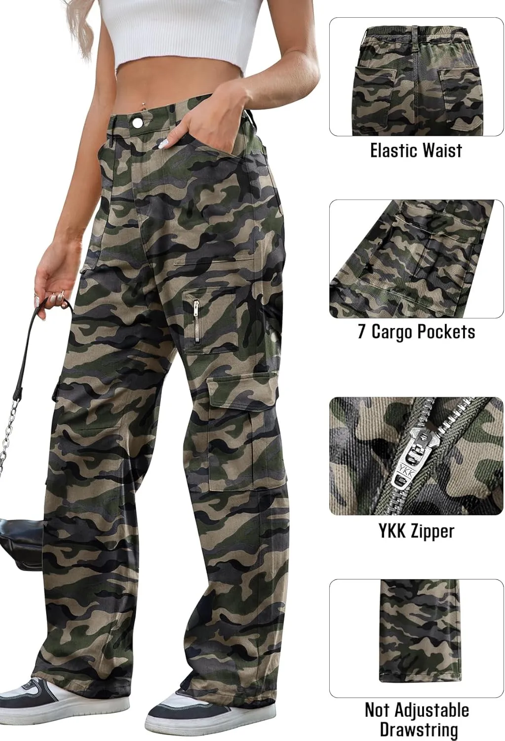 IVIR Cargo Pants Women High Waist Wide Leg Casual Pants with 7 Pockets Stretchy Drawstring Baggy Y2K Trousers
