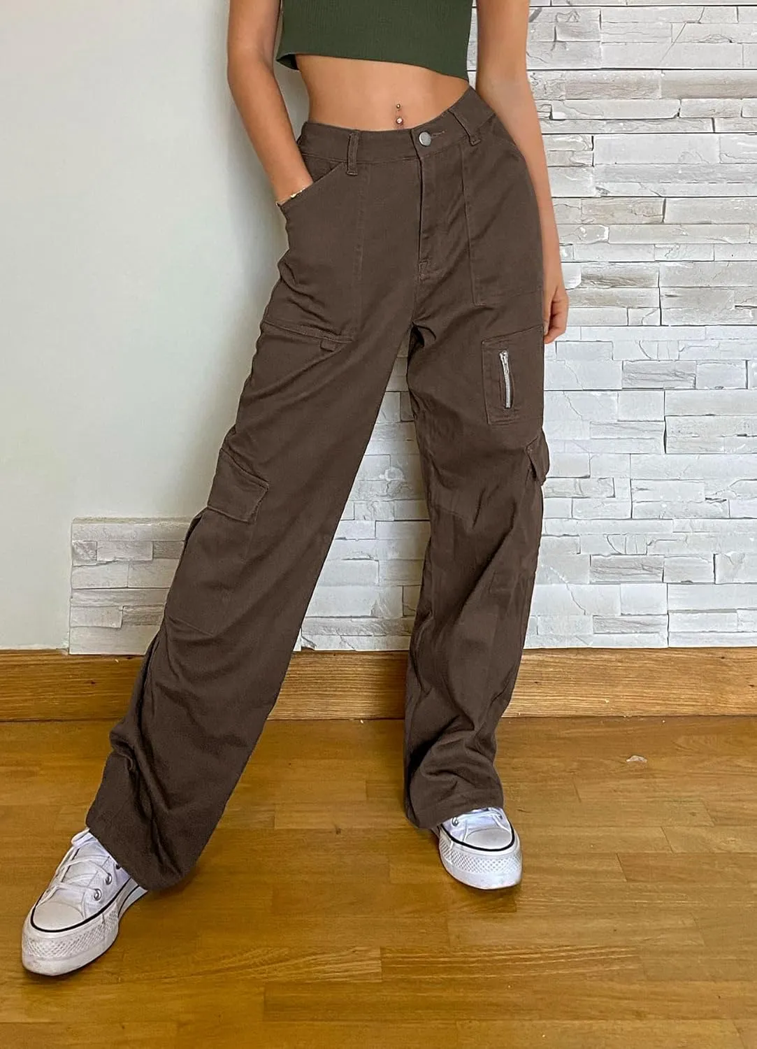 IVIR Cargo Pants Women High Waist Wide Leg Casual Pants with 7 Pockets Stretchy Drawstring Baggy Y2K Trousers
