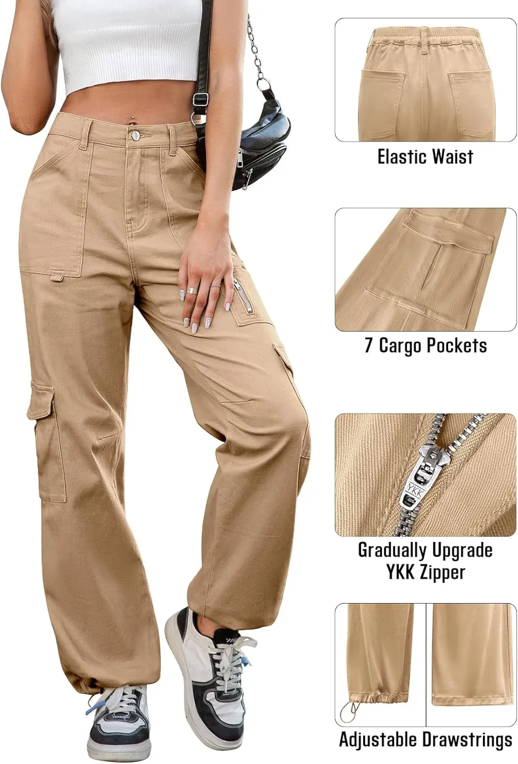 IVIR Cargo Pants Women High Waist Wide Leg Casual Pants with 7 Pockets Stretchy Drawstring Baggy Y2K Trousers