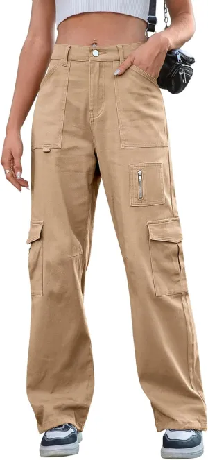 IVIR Cargo Pants Women High Waist Wide Leg Casual Pants with 7 Pockets Stretchy Drawstring Baggy Y2K Trousers