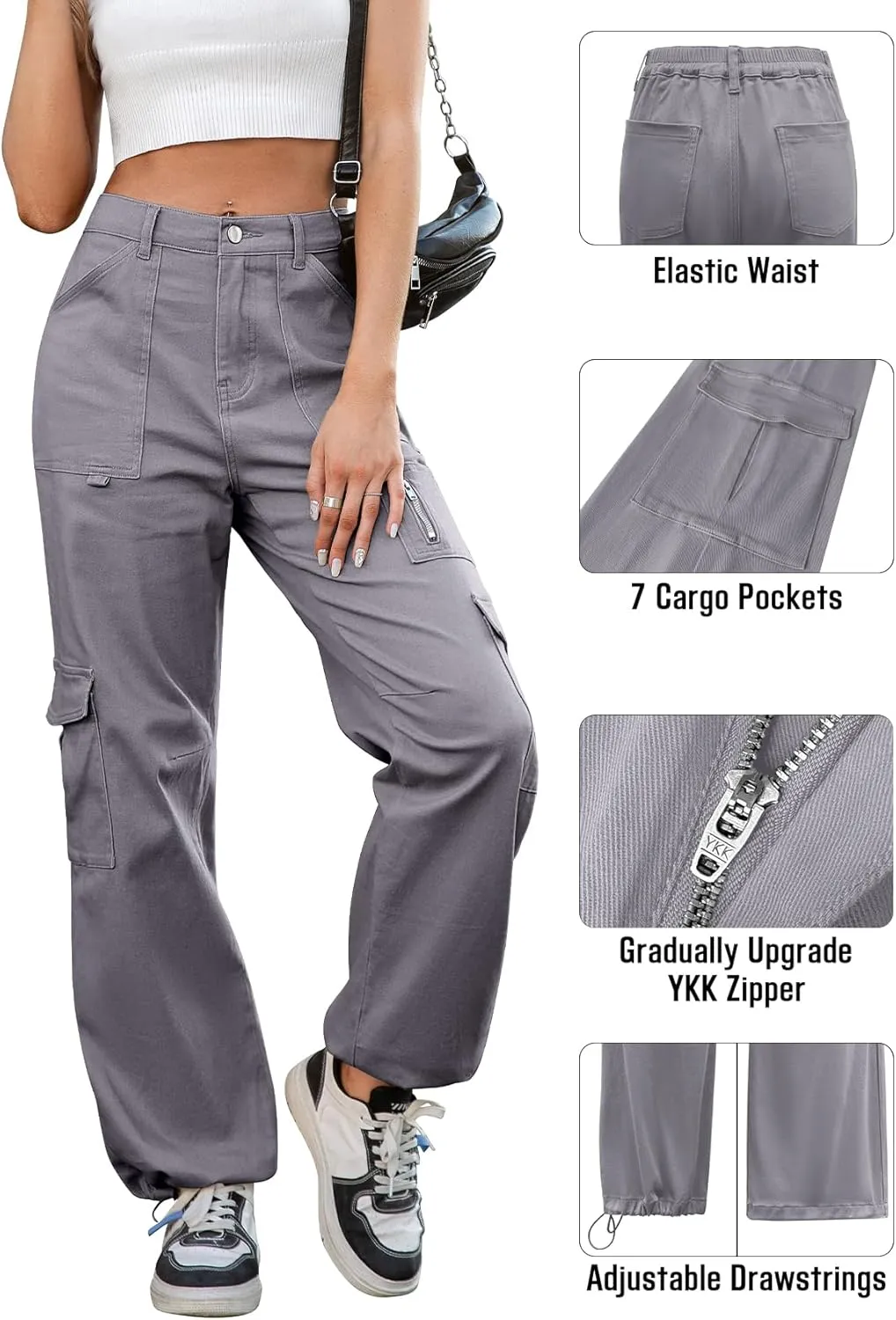 IVIR Cargo Pants Women High Waist Wide Leg Casual Pants with 7 Pockets Stretchy Drawstring Baggy Y2K Trousers
