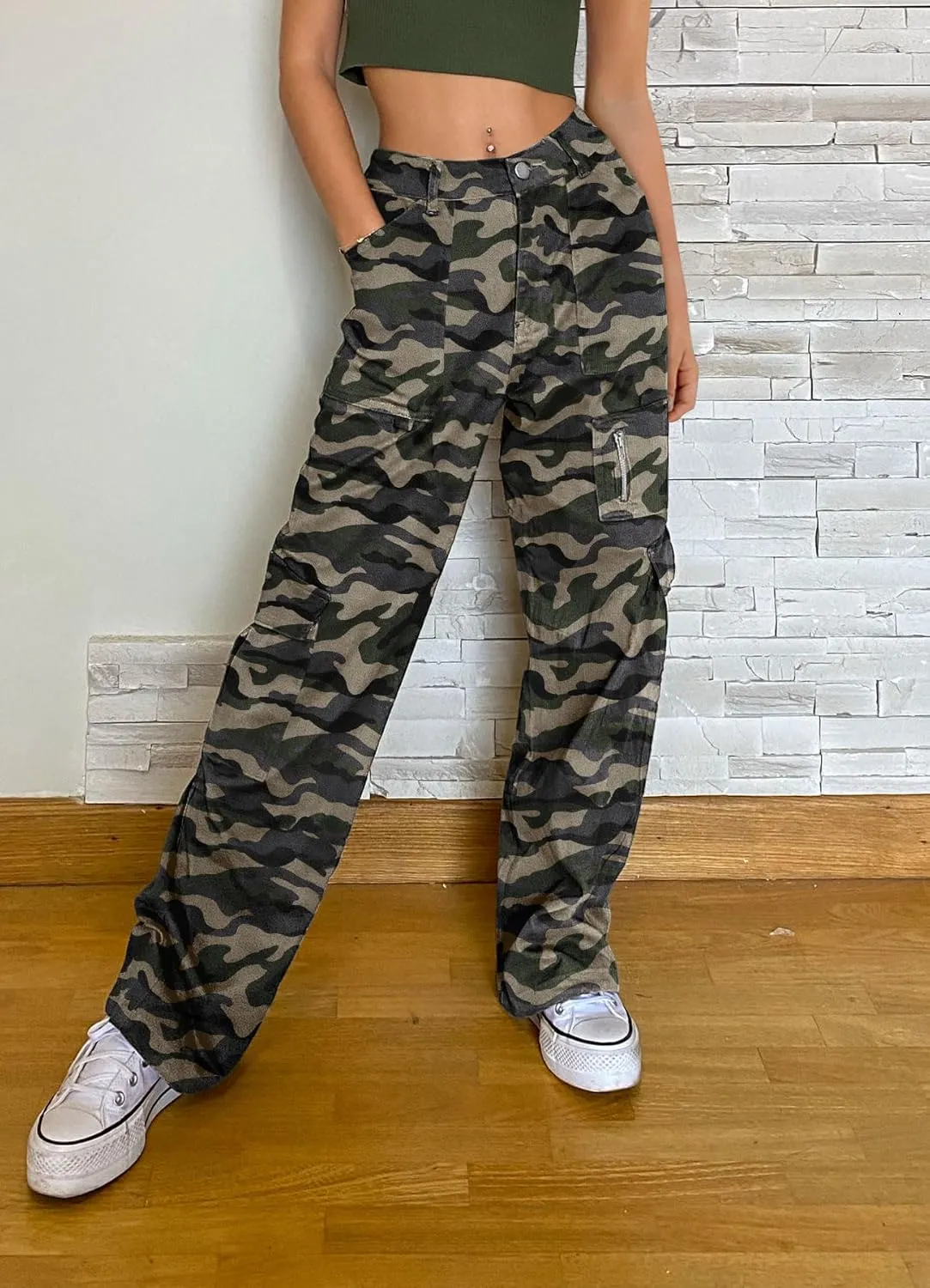 IVIR Cargo Pants Women High Waist Wide Leg Casual Pants with 7 Pockets Stretchy Drawstring Baggy Y2K Trousers