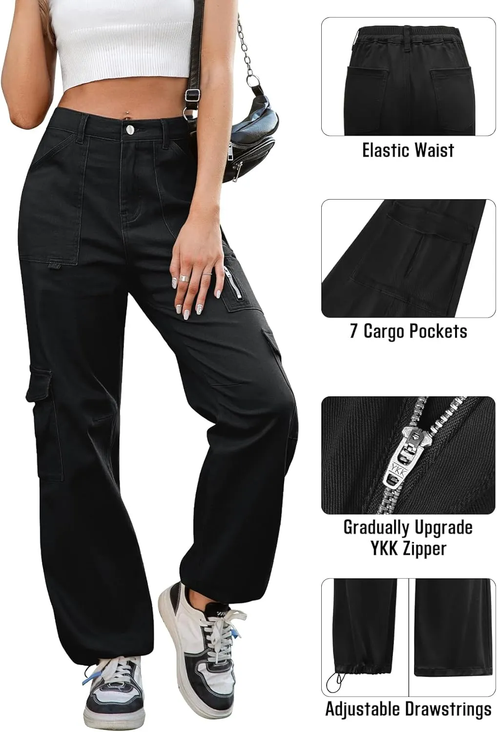IVIR Cargo Pants Women High Waist Wide Leg Casual Pants with 7 Pockets Stretchy Drawstring Baggy Y2K Trousers