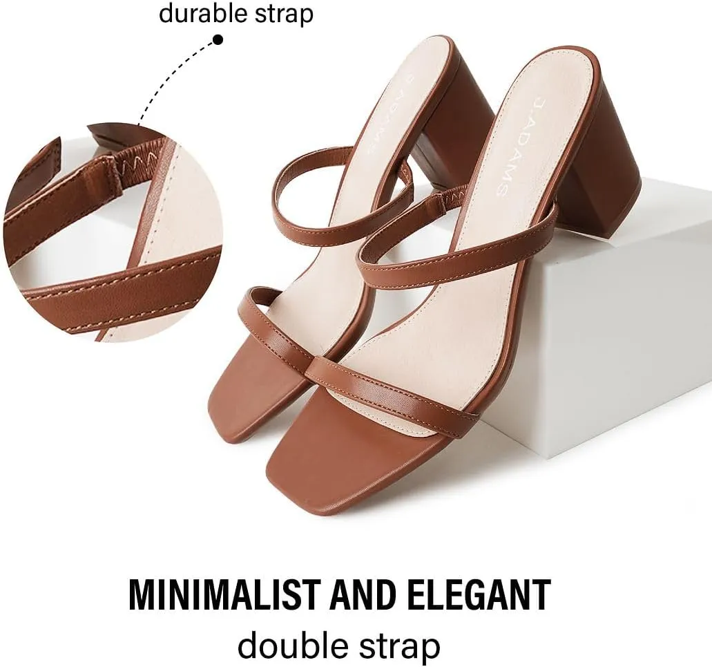 J. Adams Stormi Heeled Sandals Women Dressy Summer Flat Mules- Square Toe Double Band Low Block Heel Sandals - Chunky Sandals for Women - Summer Sandals, Womens Dress Sandals, Women's Heeled Sandals