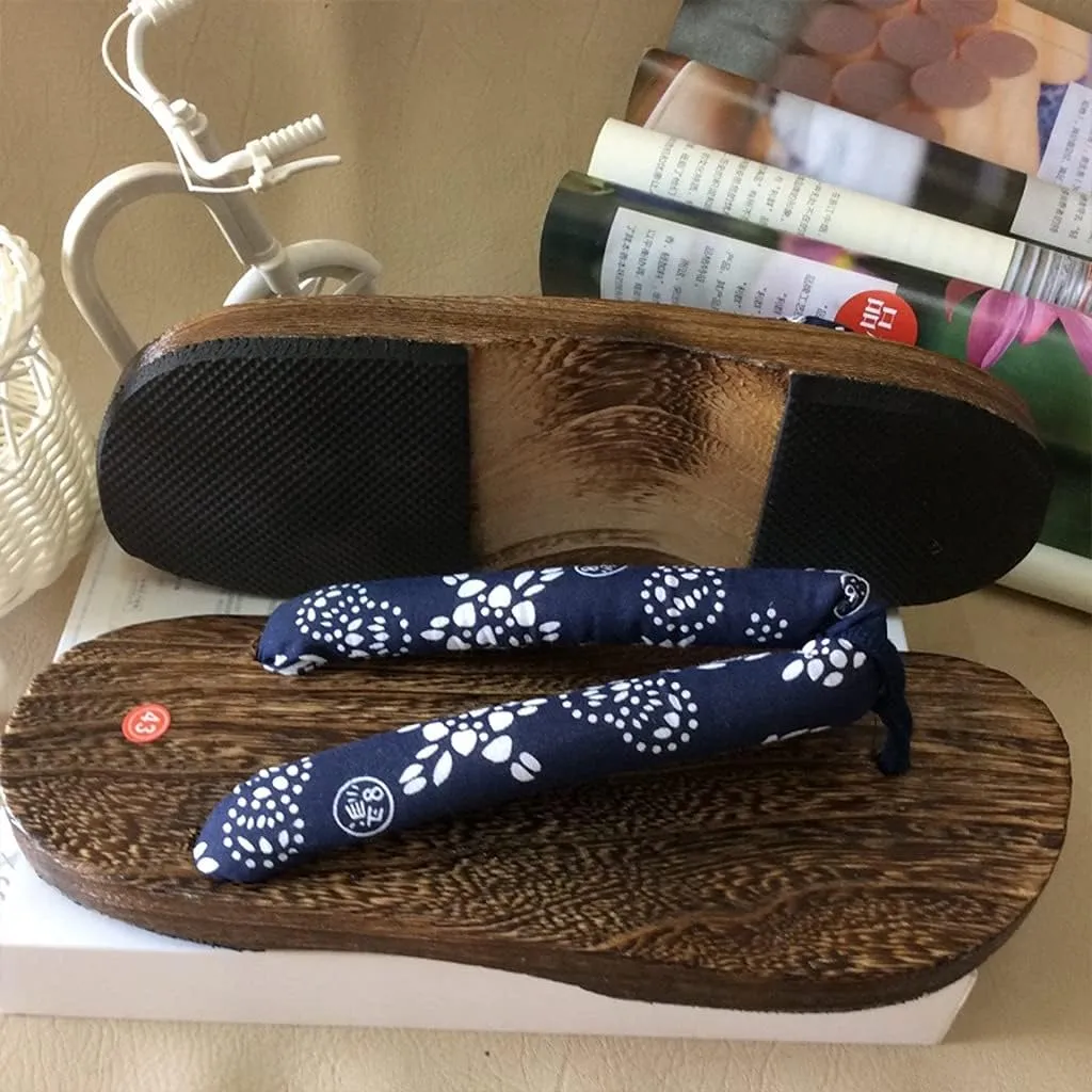 Japanese Traditional Wooden Sandals Slippers with Anti-Slip Soles, Women's Japanese Style Wood Clog ShoesFloral Mules Slippers Wooden, Role Playing and Stage Performance Clogs Blue
