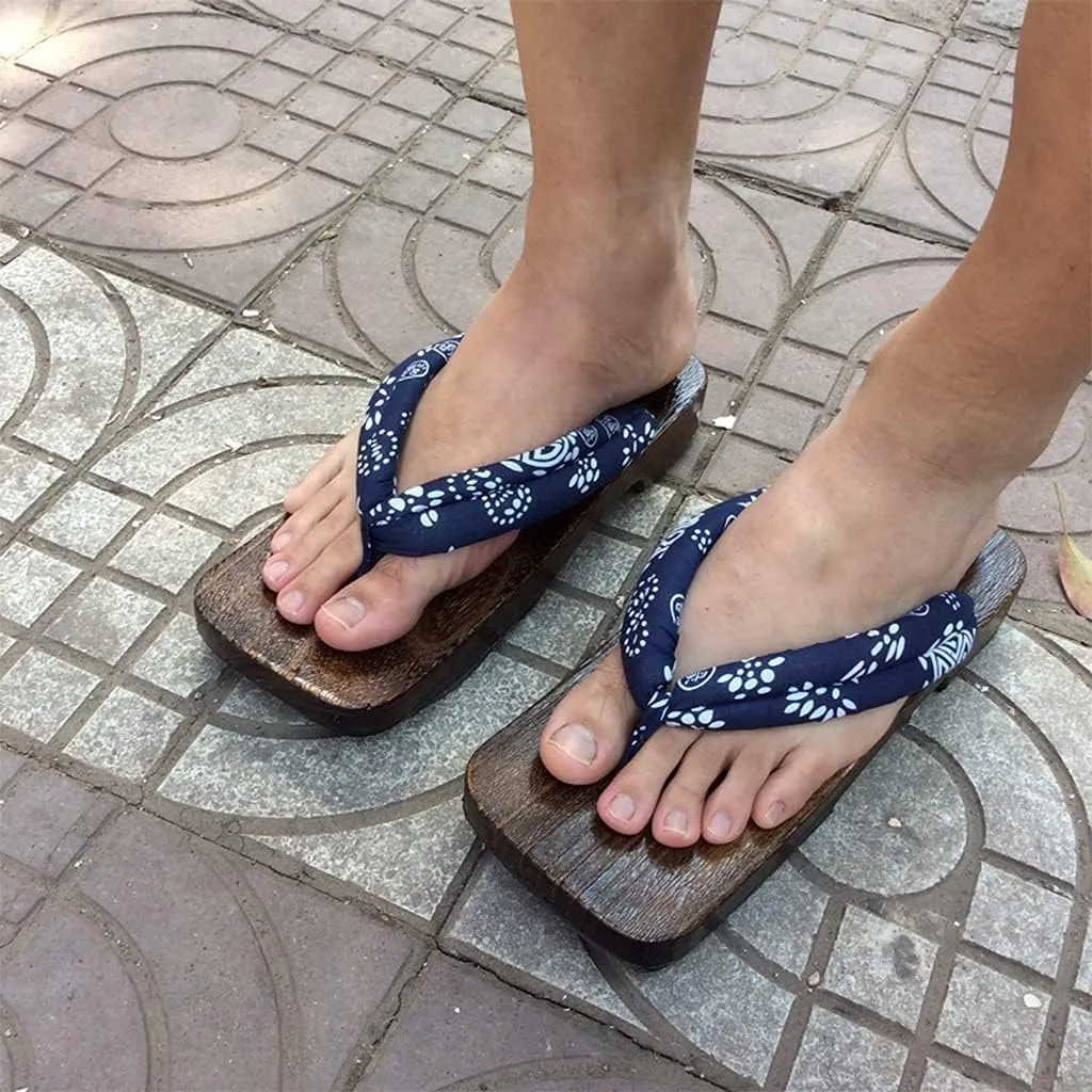 Japanese Traditional Wooden Sandals Slippers with Anti-Slip Soles, Women's Japanese Style Wood Clog ShoesFloral Mules Slippers Wooden, Role Playing and Stage Performance Clogs Blue